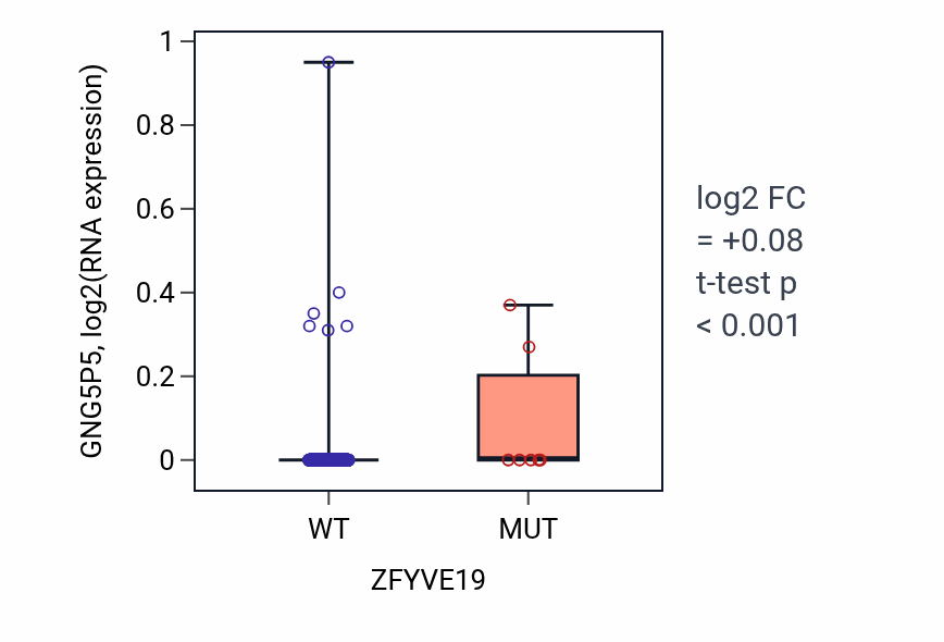 Box plot of GNG5P5 in ZFYVE19-low vs ZFYVE19-high samples in BLCA.