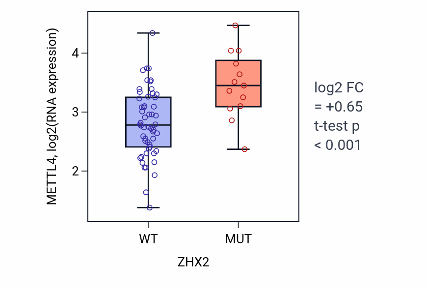 Box plot of METTL4 in ZHX2-low vs ZHX2-high samples in LARGE_INTESTINE.