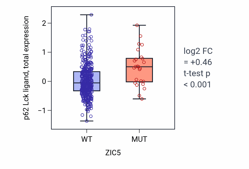 Box plot of p62 Lck ligand in ZIC5-low vs ZIC5-high samples in UCEC.