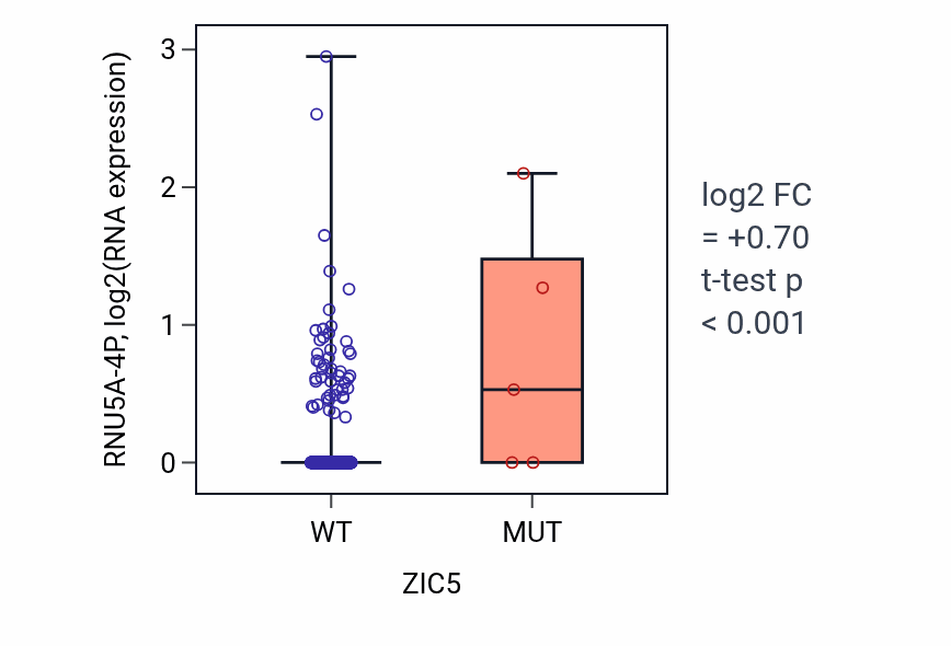 Box plot of RNU5A-4P in ZIC5-low vs ZIC5-high samples in LUAD.