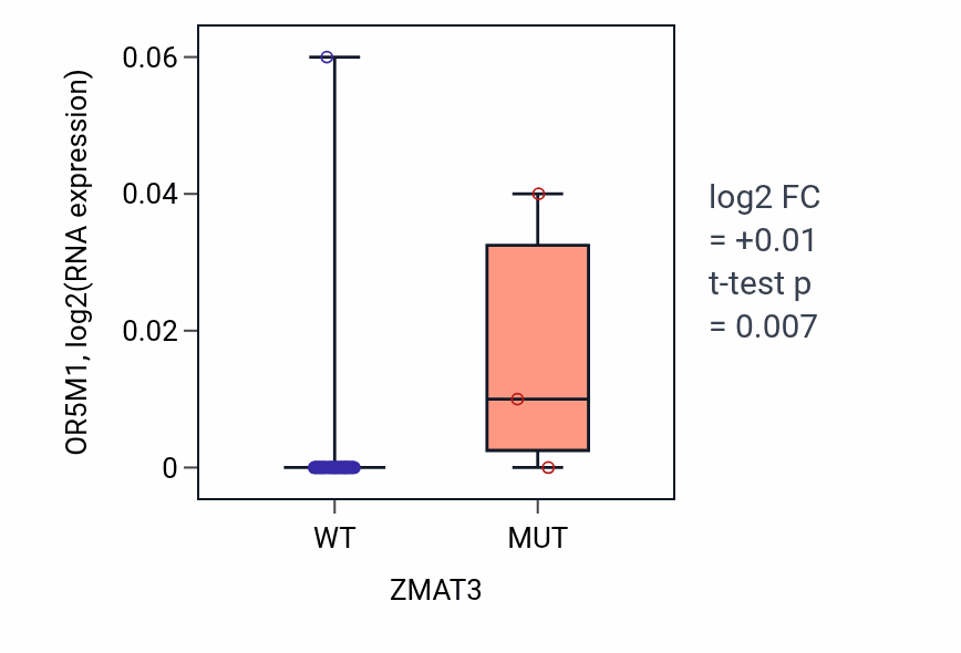 Box plot of OR5M1 in ZMAT3-low vs ZMAT3-high samples in LUNG_SCLC.