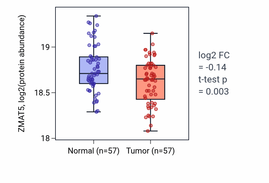 Tumor-vs-normal mass-spec protein box plot for ZMAT5 in LUAD.