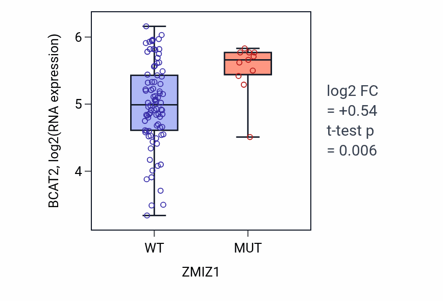 Box plot of BCAT2 in ZMIZ1-low vs ZMIZ1-high samples in BLOOD_Leukemia.
