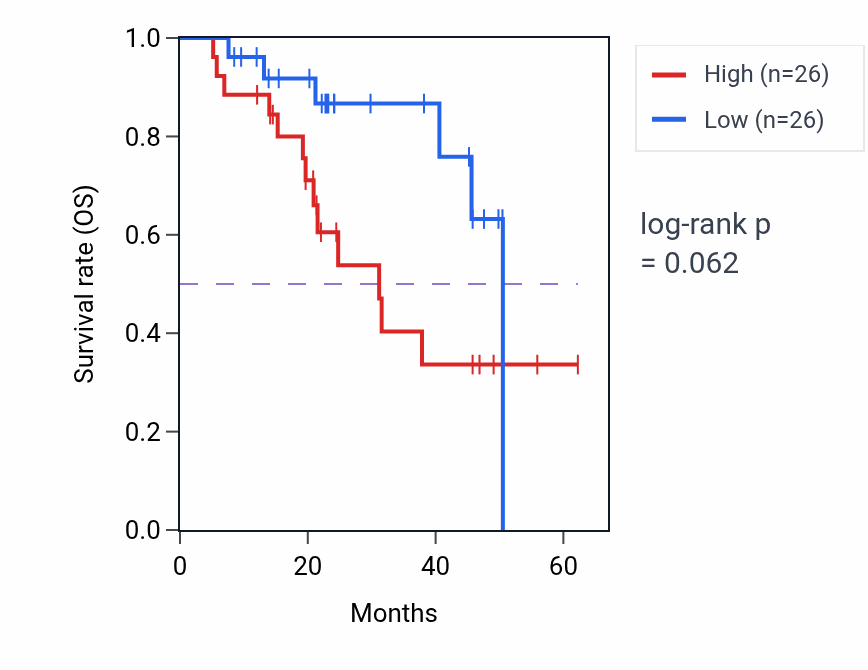 Kaplan&ndash;Meier survival curve for ZMYM2 mass-spec protein-high vs -low samples in HNSC.