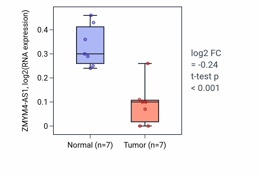 Tumor-vs-normal expression box plot for ZMYM4-AS1 in KICH.