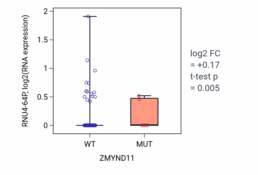 Box plot of RNU4-64P in ZMYND11-low vs ZMYND11-high samples in HNSC.
