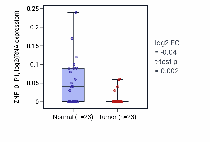 Tumor-vs-normal expression box plot for ZNF101P1 in THCA.