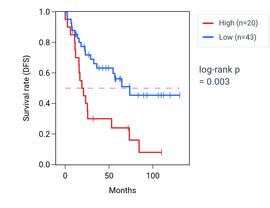 Kaplan&ndash;Meier survival curve for ZNF133-AS1 RNA expression in KIRC: high vs low expression groups.