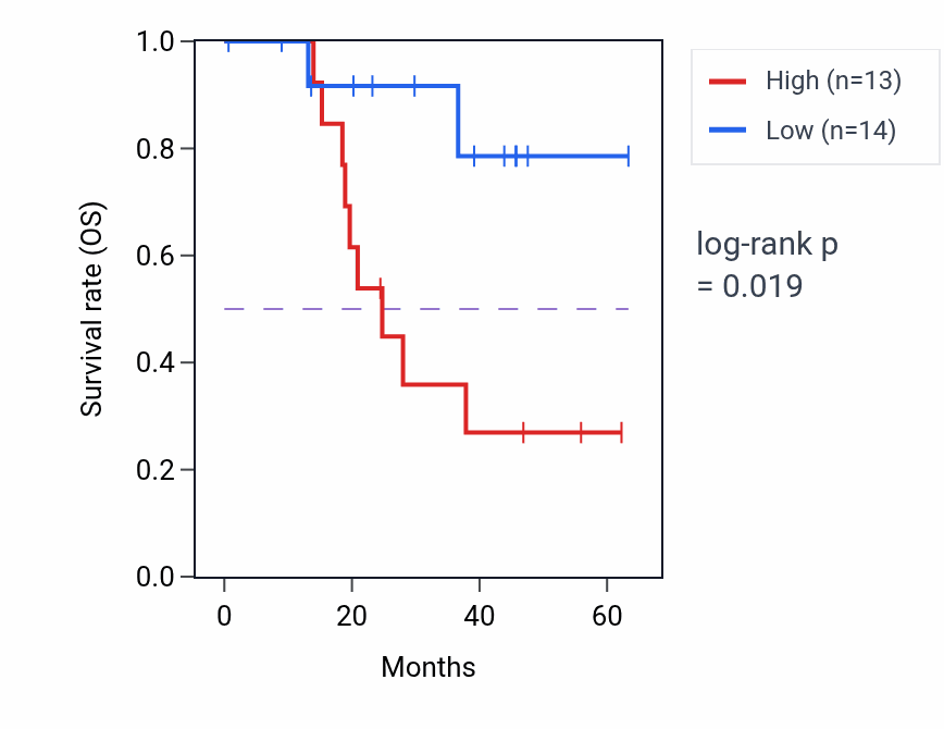Kaplan&ndash;Meier survival curve for ZNF146 mass-spec protein-high vs -low samples in HNSC.