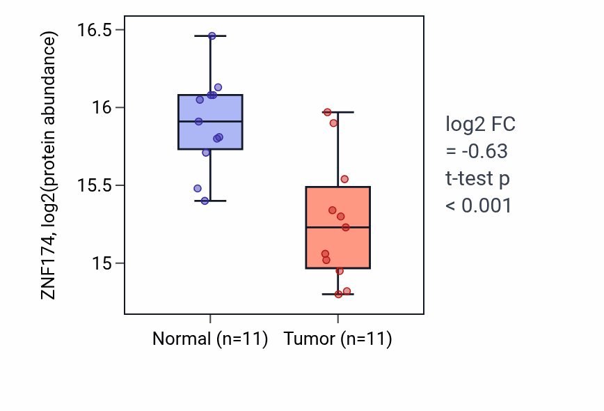 Tumor-vs-normal mass-spec protein box plot for ZNF174 in HNSC.