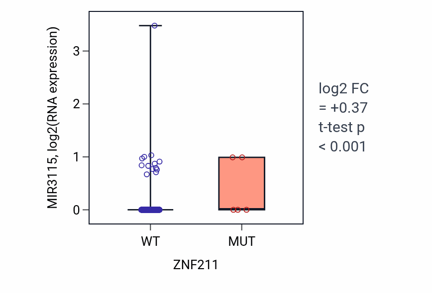 Box plot of MIR3115 in ZNF211-low vs ZNF211-high samples in HNSC.
