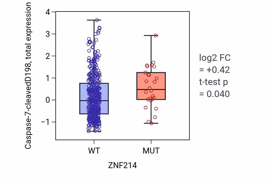 Box plot of Caspase-7-cleavedD198 in ZNF214-low vs ZNF214-high samples in UCEC.