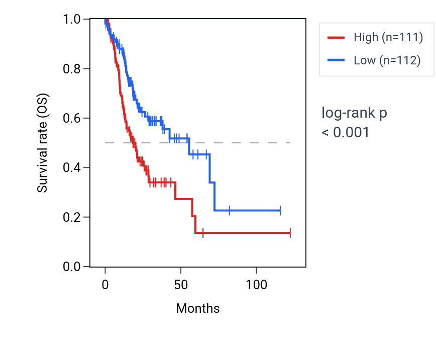 Kaplan&ndash;Meier survival curve for ZNF300 RNA expression in STAD: high vs low expression groups.
