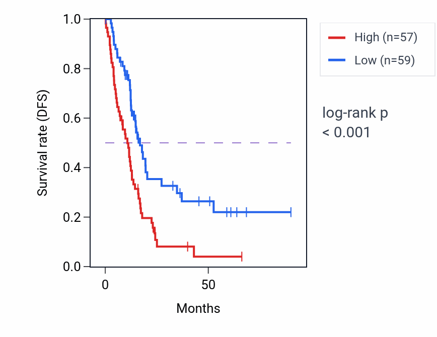 Kaplan&ndash;Meier survival curve for ZNF341-AS1 RNA expression in PAAD: high vs low expression groups.