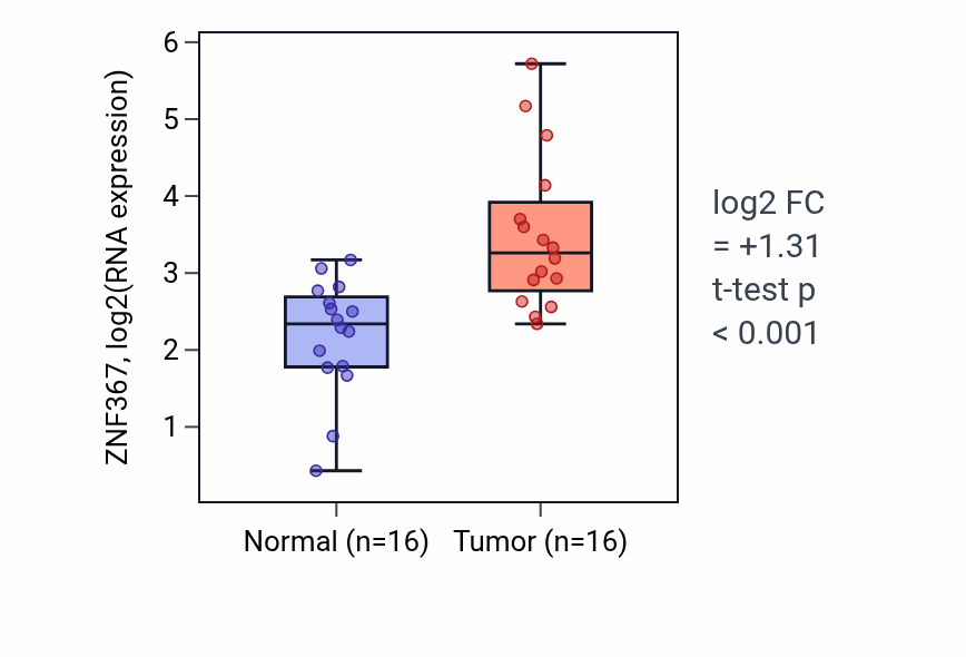 Tumor-vs-normal expression box plot for ZNF367 RNA in HNSC.