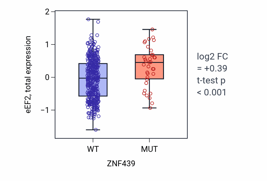 Box plot of eEF2 in ZNF439-low vs ZNF439-high samples in UCEC.