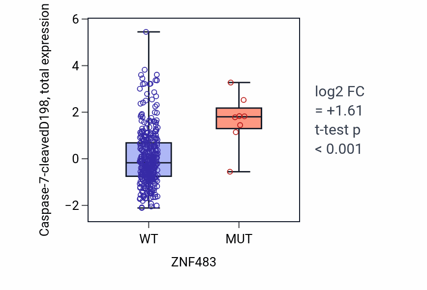 Box plot of Caspase-7-cleavedD198 in ZNF483-low vs ZNF483-high samples in COAD.