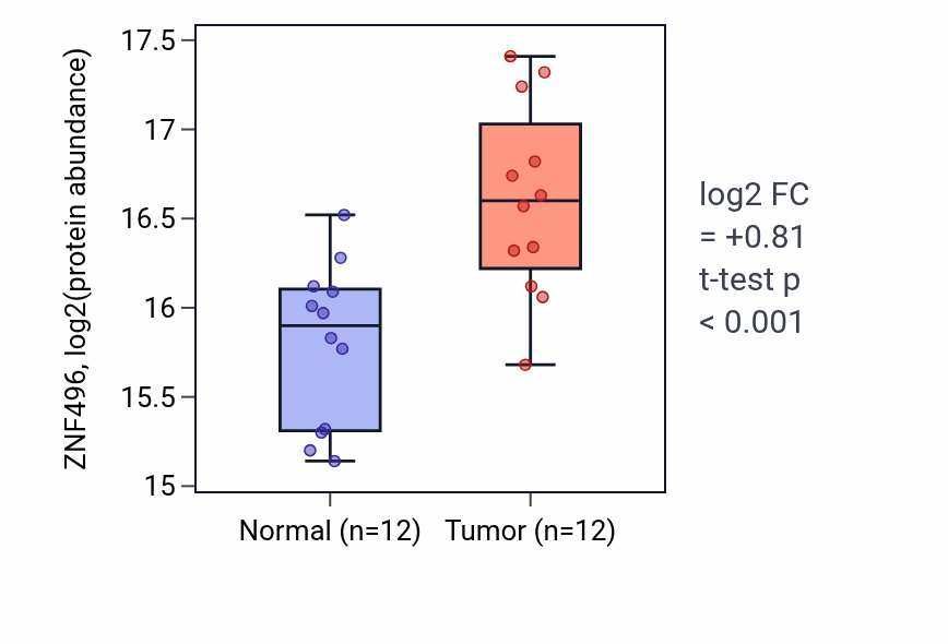 Tumor-vs-normal mass-spec protein box plot for ZNF496 in LSCC.