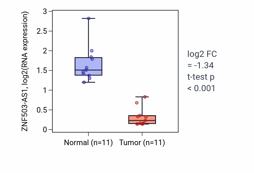 Tumor-vs-normal expression box plot for ZNF503-AS1 in KICH.