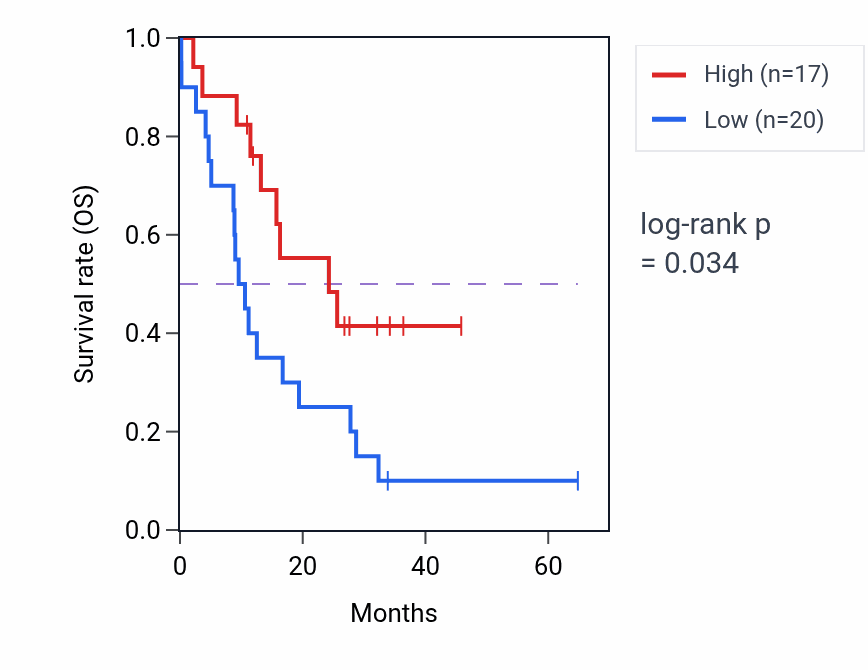 Kaplan&ndash;Meier survival curve for ZNF507 mass-spec protein-high vs -low samples in GBM.
