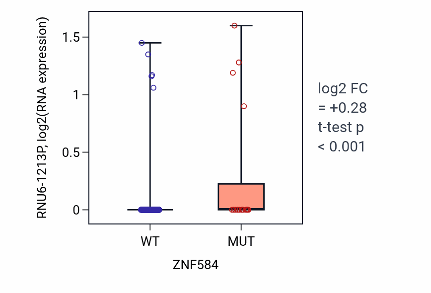Box plot of RNU6-1213P in ZNF584-low vs ZNF584-high samples in UCEC.