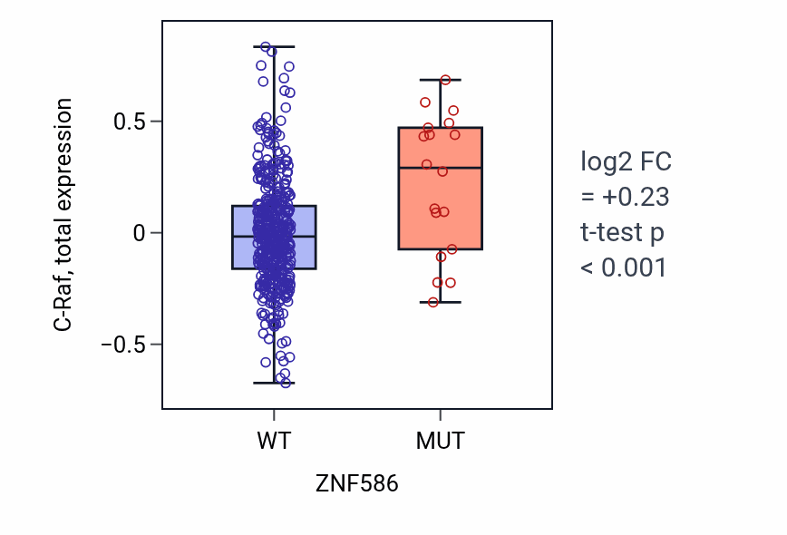 Box plot of C-Raf in ZNF586-low vs ZNF586-high samples in UCEC.