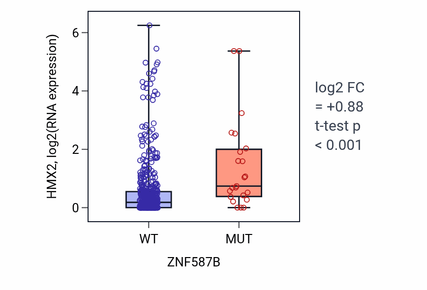 Box plot of HMX2 in ZNF587B-low vs ZNF587B-high samples in UCEC.