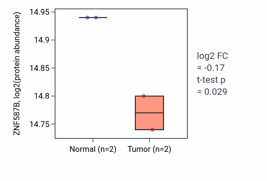 Tumor-vs-normal mass-spec protein box plot for ZNF587B in LSCC.