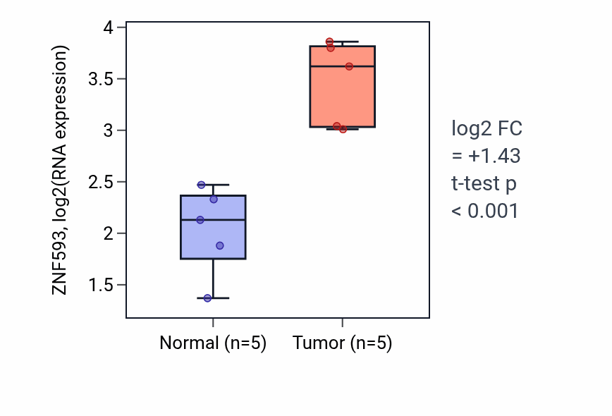 Tumor-vs-normal expression box plot for ZNF593 RNA in COAD.