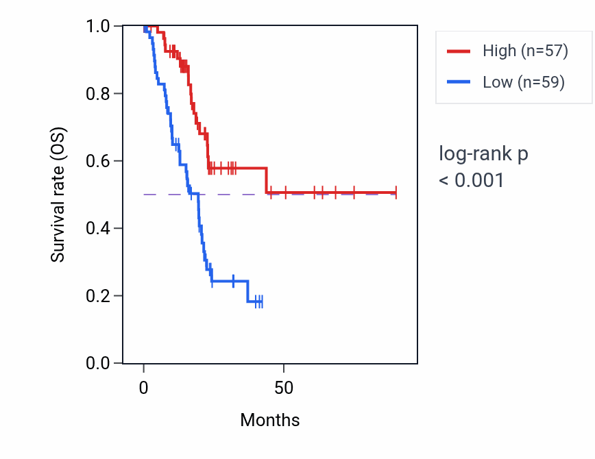 Kaplan&ndash;Meier survival curve for ZNF596 RNA expression in PAAD: high vs low expression groups.