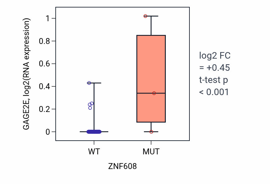 Box plot of GAGE2E in ZNF608-low vs ZNF608-high samples in GBM.