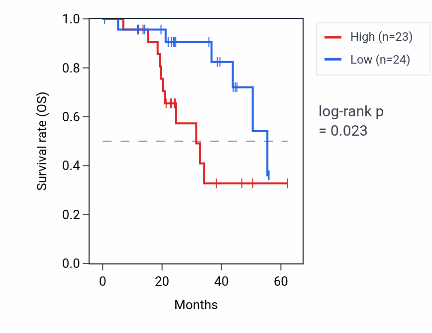 Kaplan&ndash;Meier survival curve for ZNF609 mass-spec protein-high vs -low samples in HNSC.