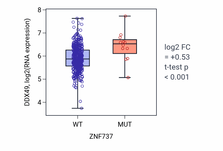 Box plot of DDX49 in ZNF737-low vs ZNF737-high samples in HNSC.