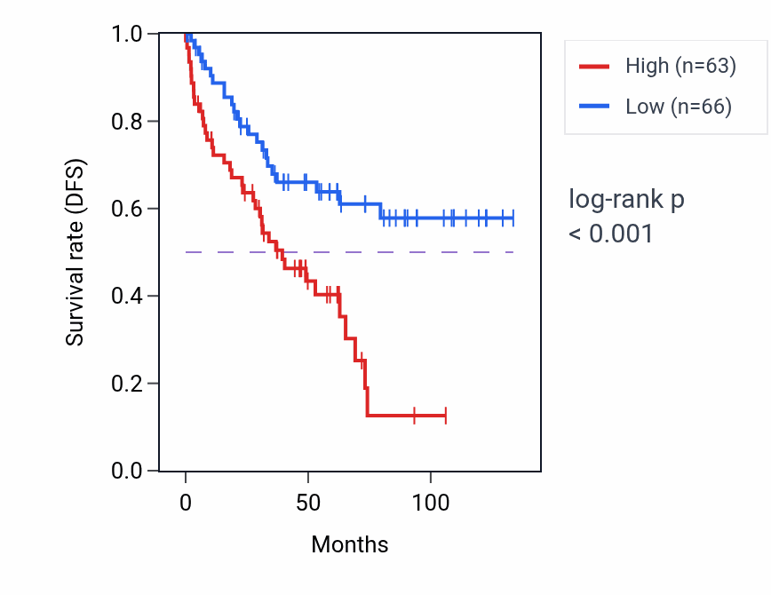 Kaplan&ndash;Meier survival curve for ZNF738 RNA-high vs -low samples in KIRC.