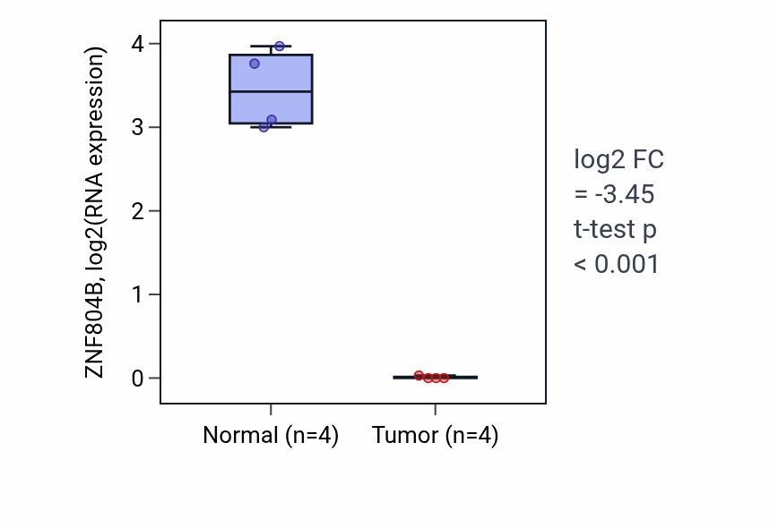Tumor-vs-normal expression box plot for ZNF804B in THCA.