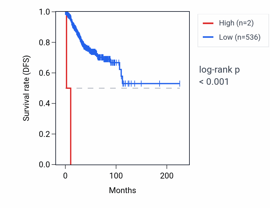 Kaplan&ndash;Meier survival curve for ZNF92P1Y RNA expression in UCEC: high vs low expression groups.