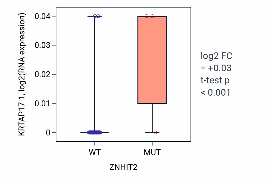 Box plot of KRTAP17-1 in ZNHIT2-low vs ZNHIT2-high samples in SKIN.