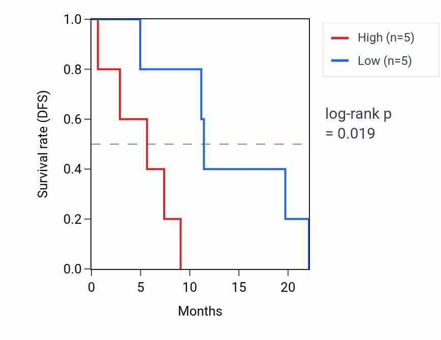 Kaplan&ndash;Meier survival curve for ZNHIT3 mass-spec protein-high vs -low samples in PDAC.