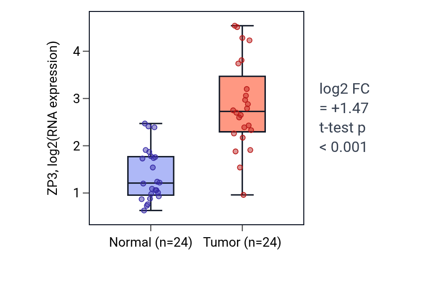 Tumor-vs-normal expression box plot for ZP3 in KIRC.