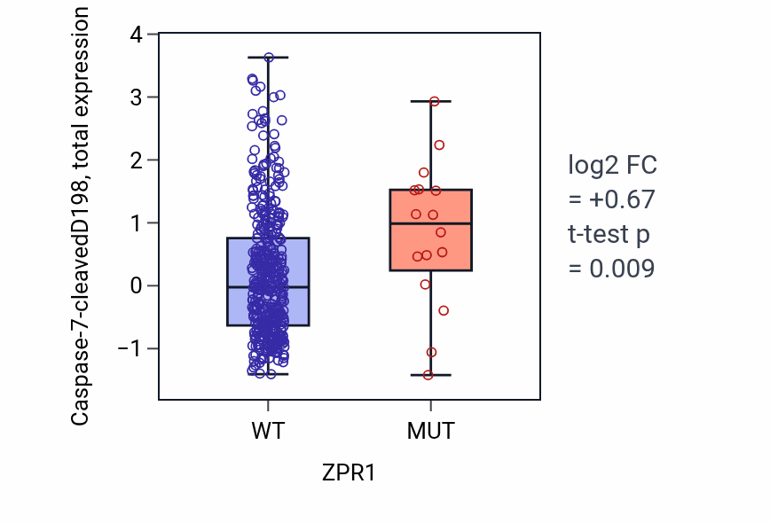 Box plot of Caspase-7-cleavedD198 in ZPR1-low vs ZPR1-high samples in UCEC.
