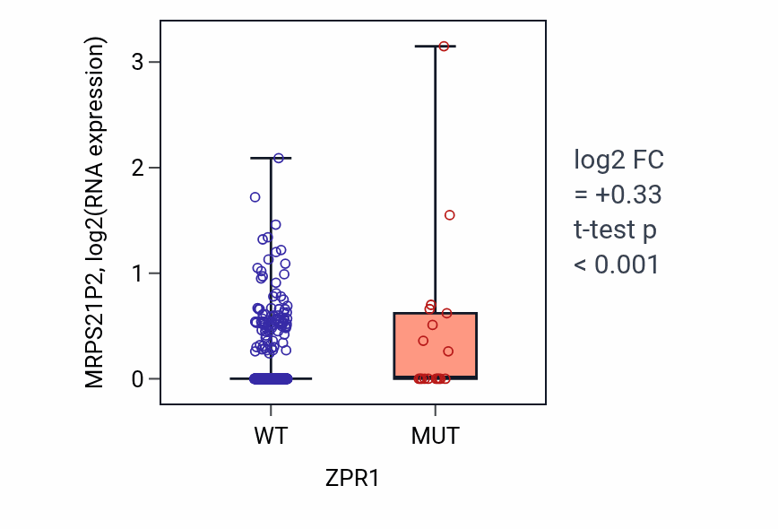 Box plot of MRPS21P2 in ZPR1-low vs ZPR1-high samples in UCEC.