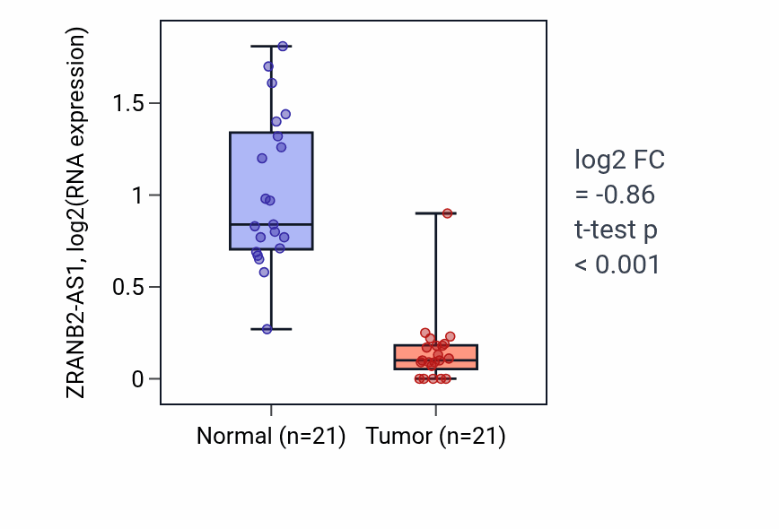 Tumor-vs-normal expression box plot for ZRANB2-AS1 RNA in KIRP.