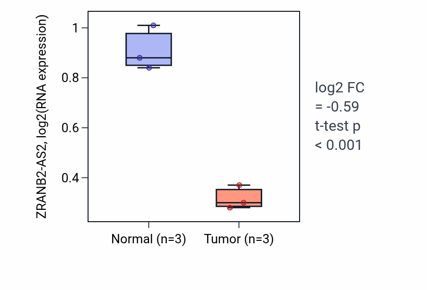 Tumor-vs-normal expression box plot for ZRANB2-AS2 in THCA.