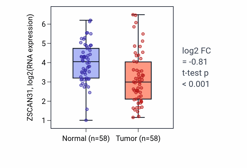 Tumor-vs-normal expression box plot for ZSCAN31 RNA in THCA.