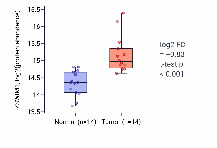 Tumor-vs-normal mass-spec protein box plot for ZSWIM1 in LSCC.
