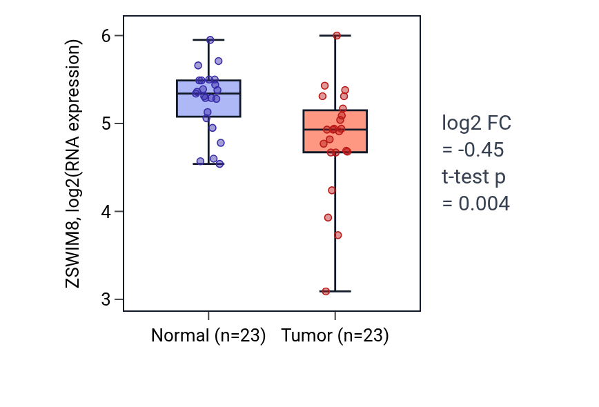 Tumor-vs-normal expression box plot for ZSWIM8 in THCA.