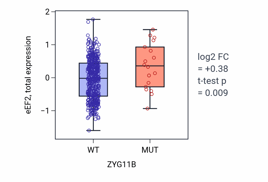 Box plot of eEF2 in ZYG11B-low vs ZYG11B-high samples in UCEC.