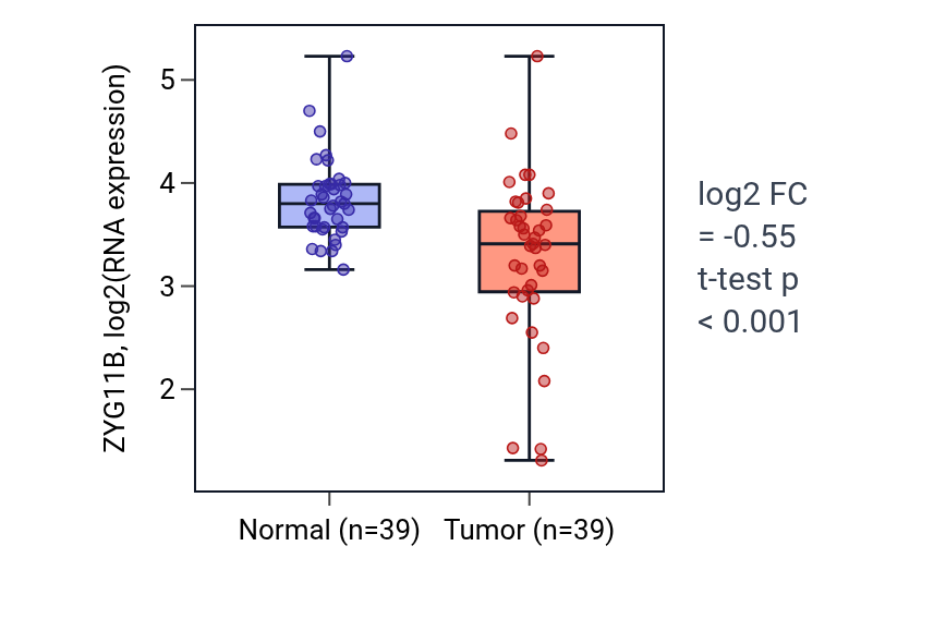 Tumor-vs-normal expression box plot for ZYG11B in COAD.