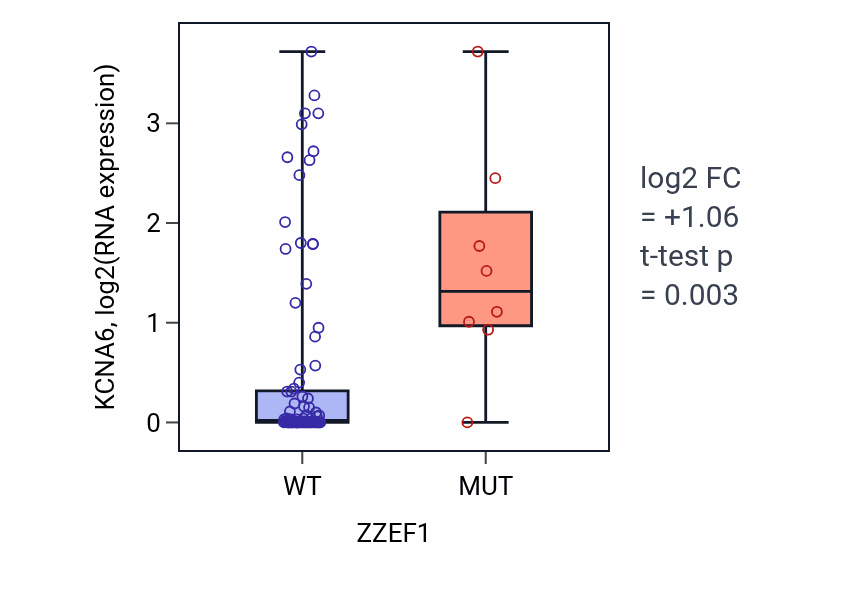 Box plot of KCNA6 in ZZEF1-low vs ZZEF1-high samples in BLOOD_Leukemia.