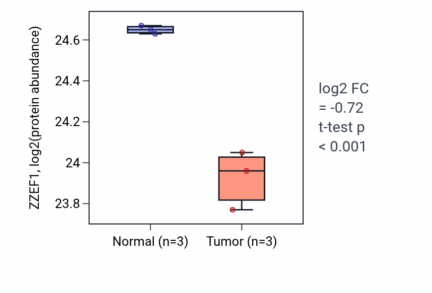 Tumor-vs-normal mass-spec protein box plot for ZZEF1 in COAD.